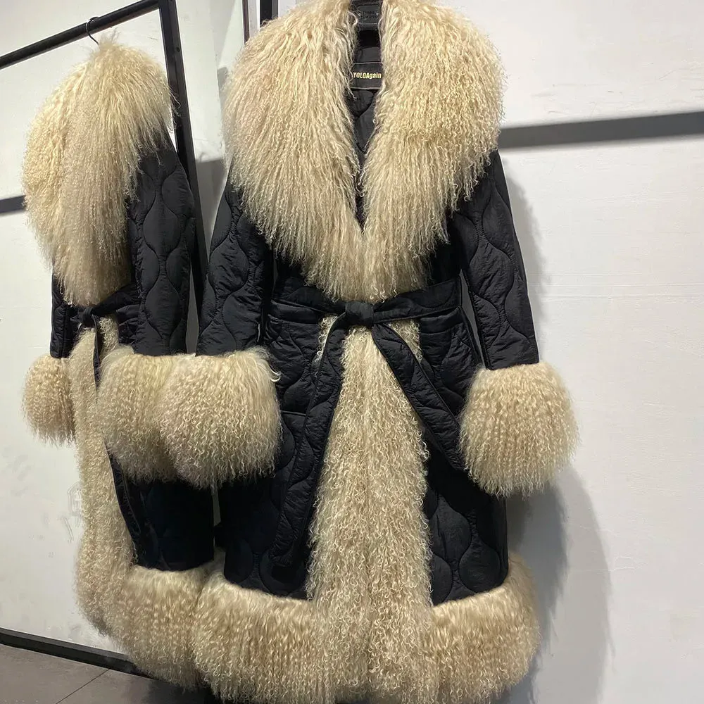 Women's Diamond Quilted Sheep Fur Long Coat