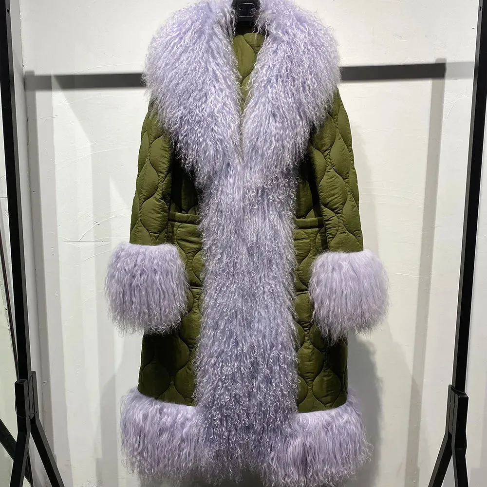 Women's Diamond Quilted Sheep Fur Long Coat