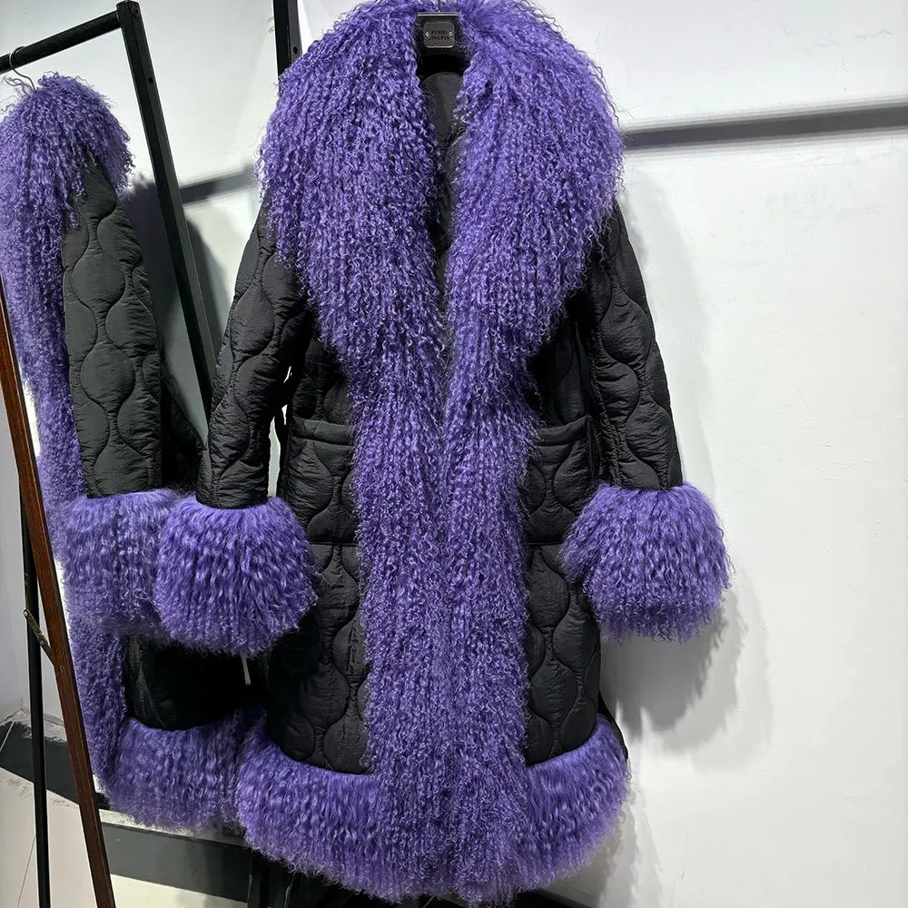 Women's Diamond Quilted Sheep Fur Long Coat