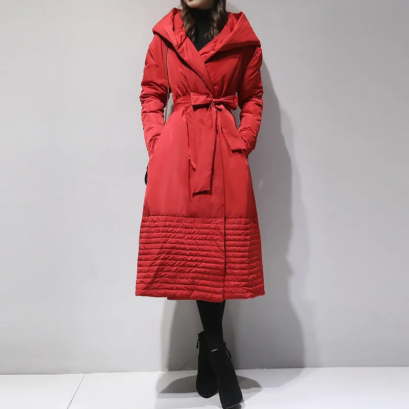 Women's Long Hooded Down Coat with Belt