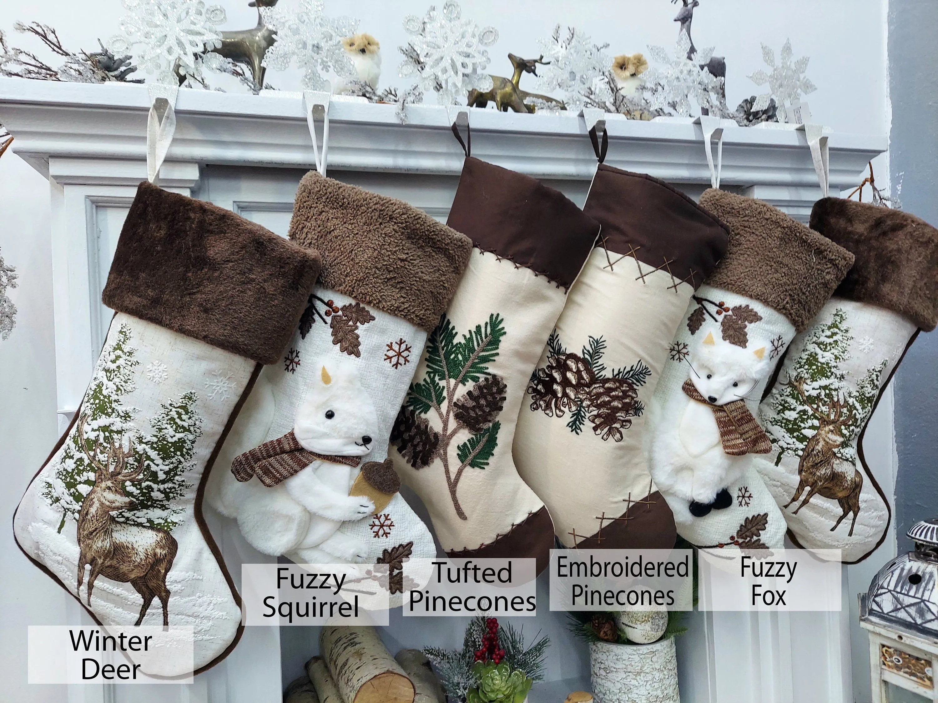 Woodland Lodge Deer Squirrel Fox Sherpa Christmas Stocking - White Brown Personalized Stockings Christmas Kids Children & Family 2024