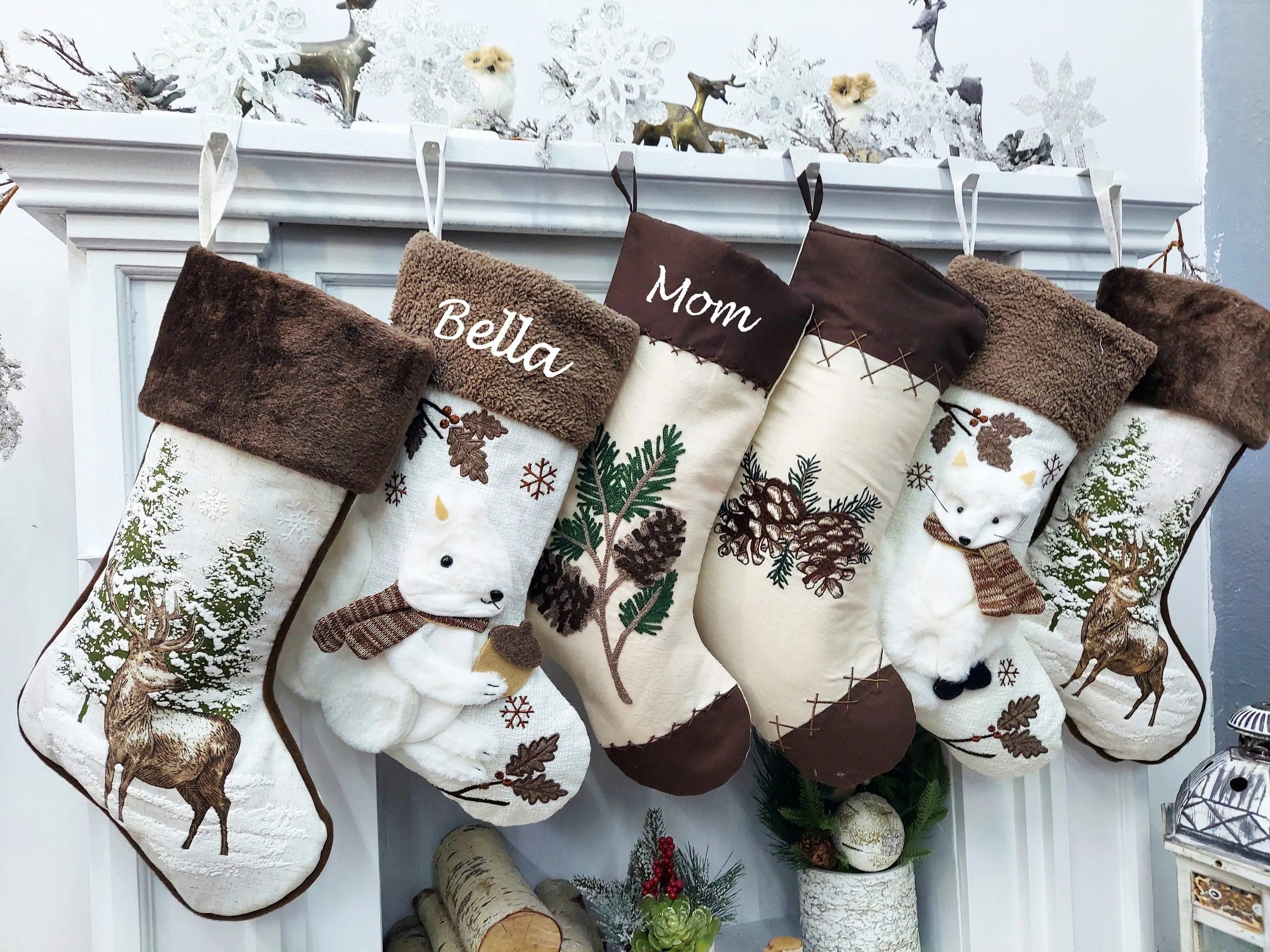 Woodland Lodge Deer Squirrel Fox Sherpa Christmas Stocking - White Brown Personalized Stockings Christmas Kids Children & Family 2024