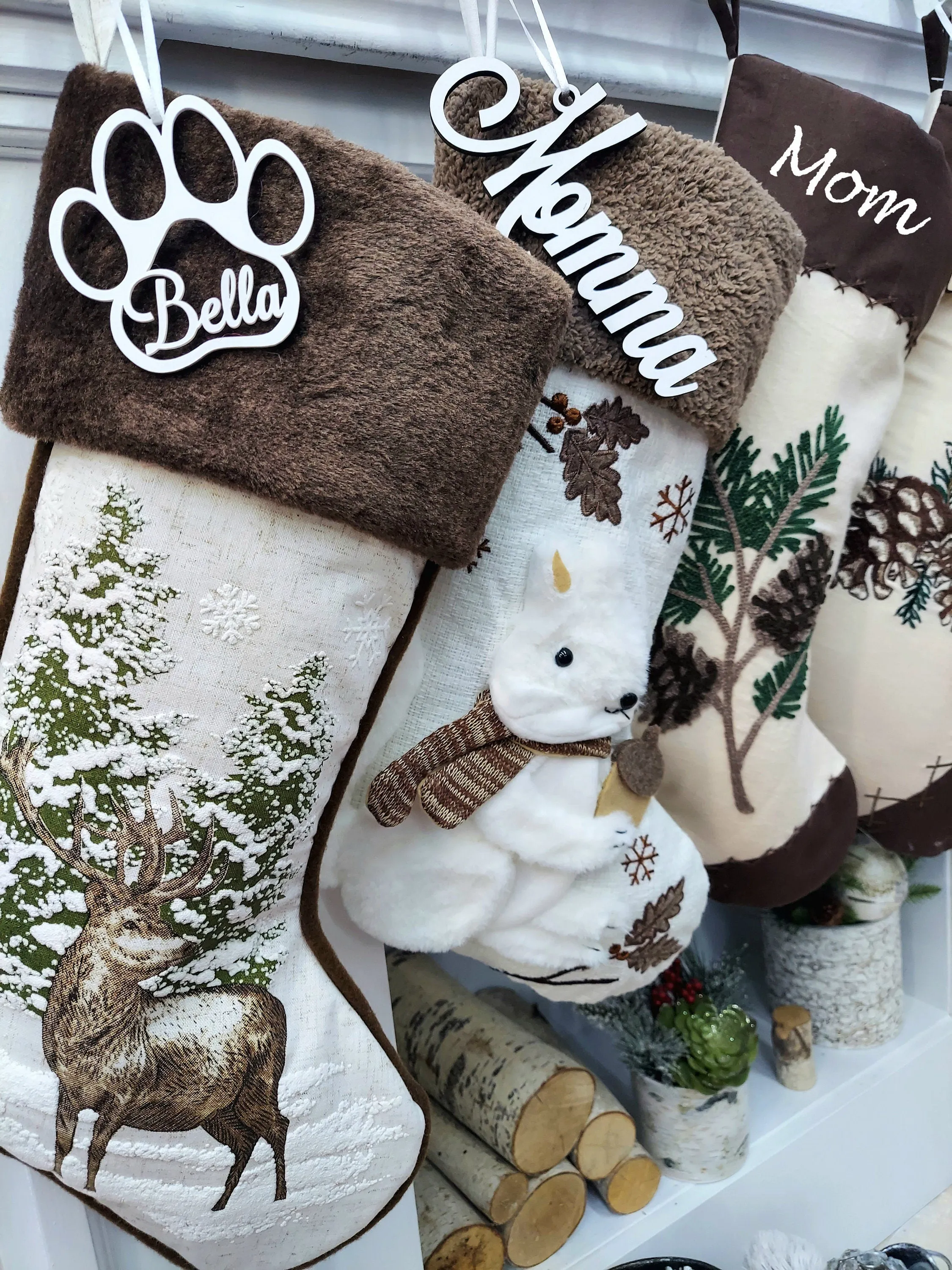 Woodland Lodge Deer Squirrel Fox Sherpa Christmas Stocking - White Brown Personalized Stockings Christmas Kids Children & Family 2024