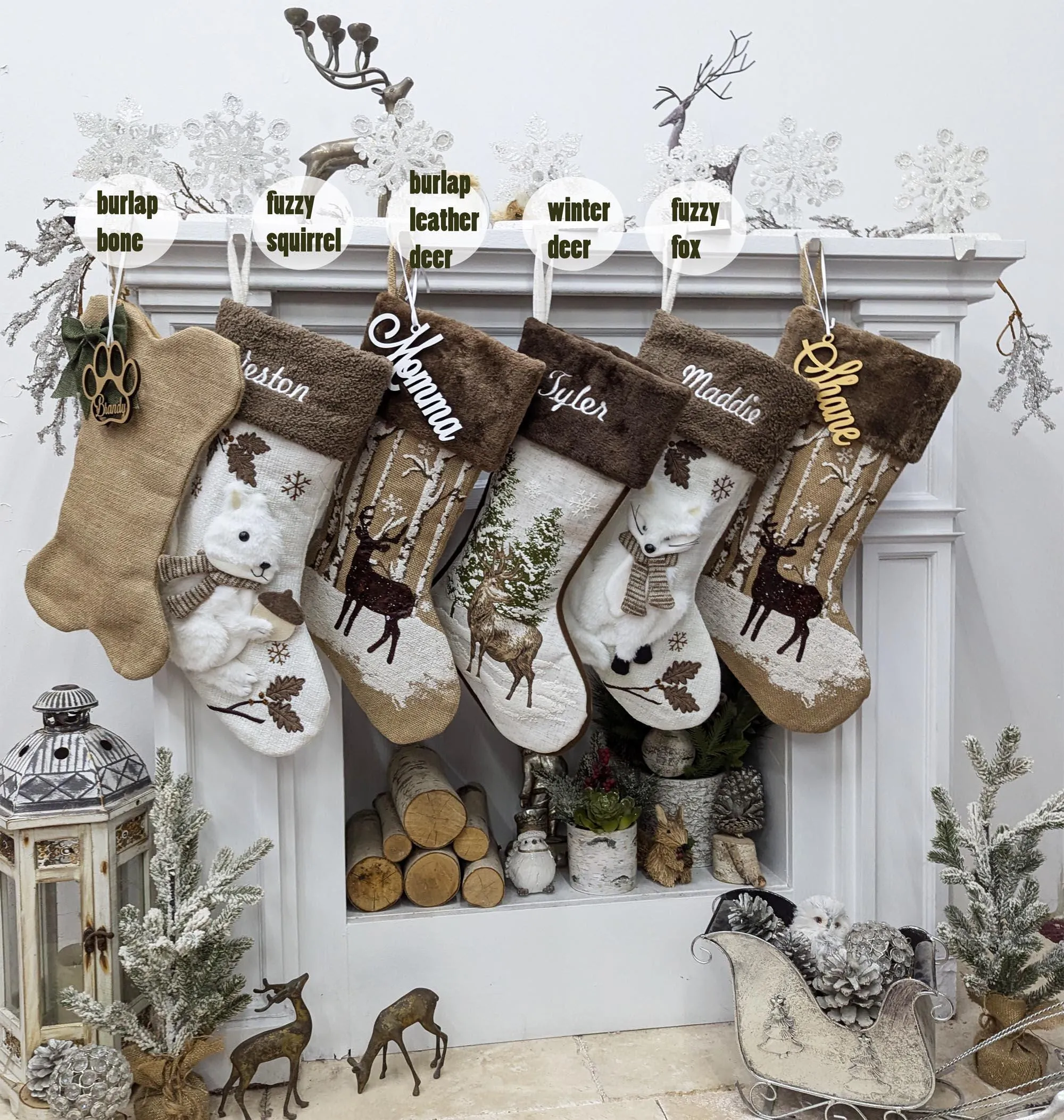 Woodland Lodge Deer Squirrel Fox Sherpa Christmas Stocking - White Brown Personalized Stockings Christmas Kids Children & Family 2024