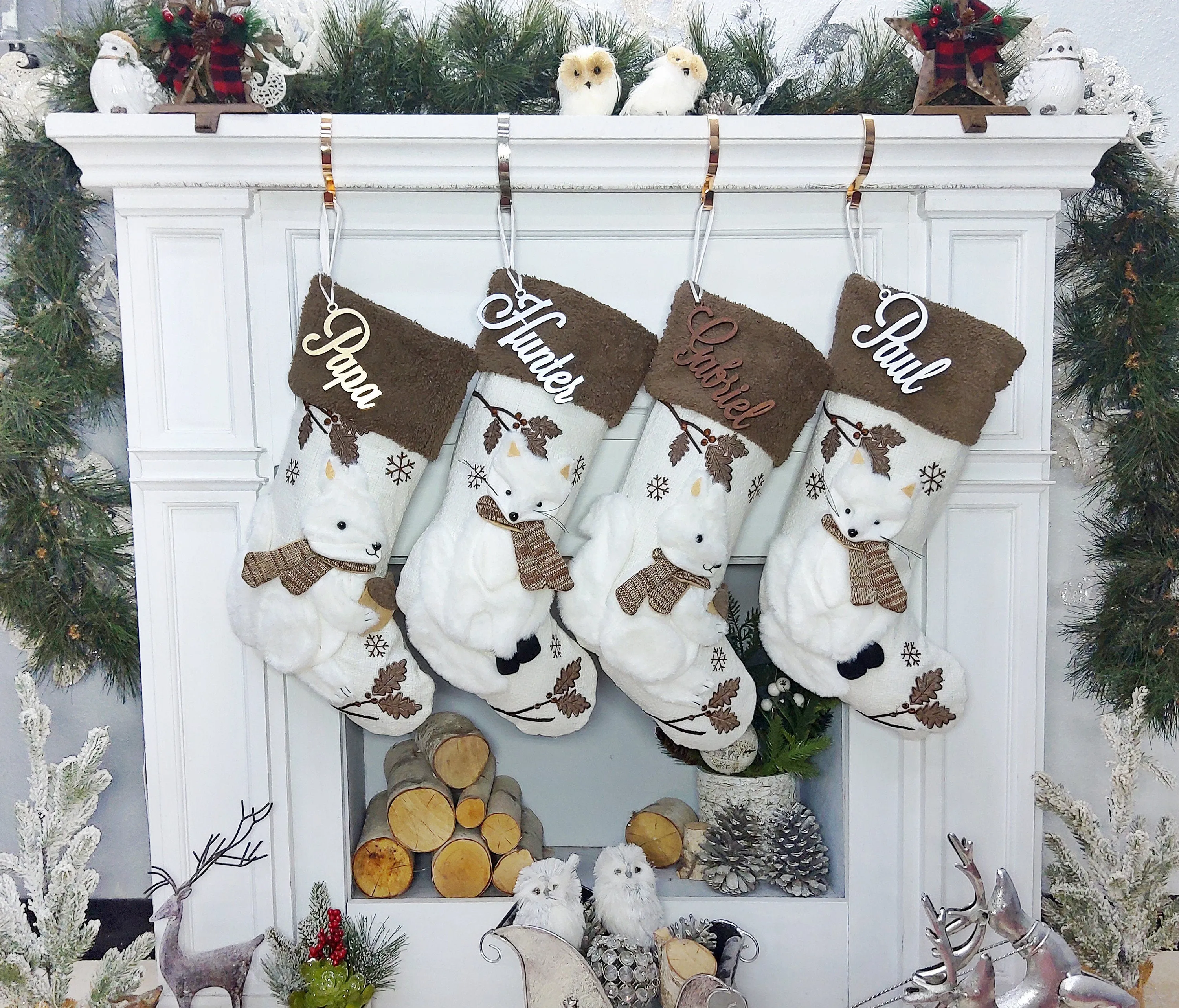 Woodland Lodge Deer Squirrel Fox Sherpa Christmas Stocking - White Brown Personalized Stockings Christmas Kids Children & Family 2024