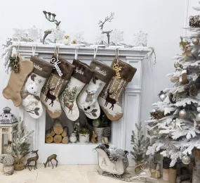 Woodland Lodge Deer Squirrel Fox Sherpa Christmas Stocking - White Brown Personalized Stockings Christmas Kids Children & Family 2024