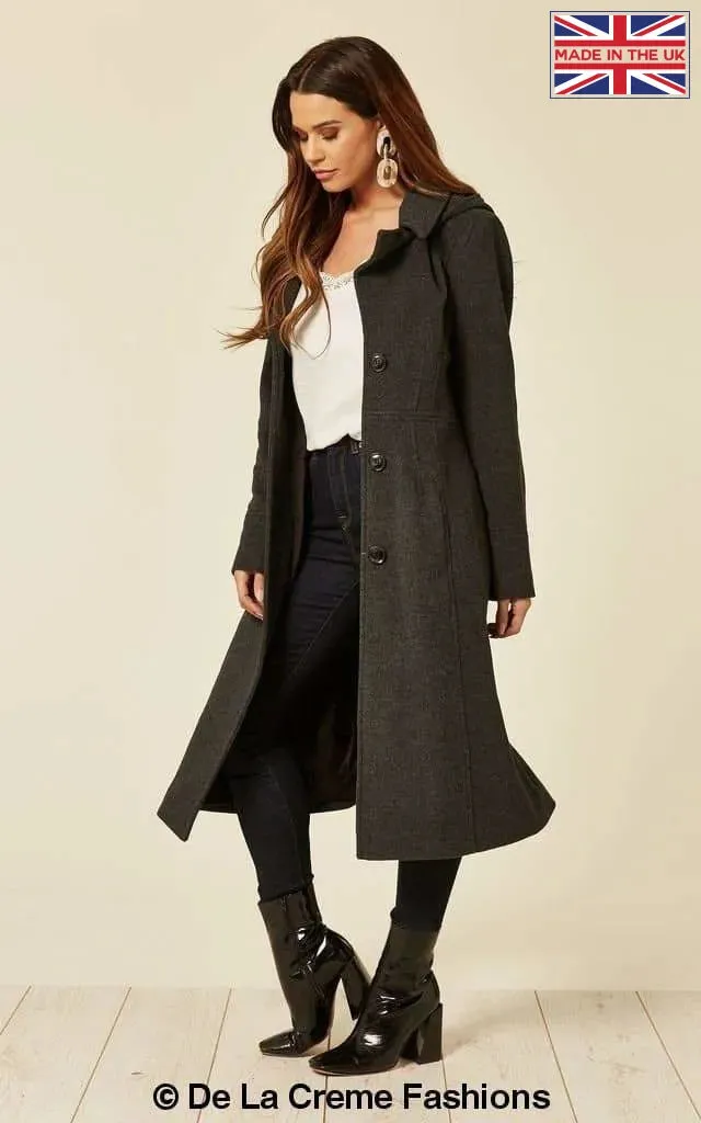 Wool Blend Hooded Mid Length Coat (1704)