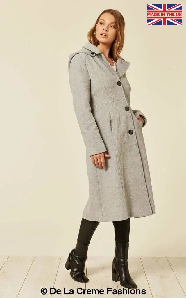 Wool Blend Hooded Mid Length Coat (1704)