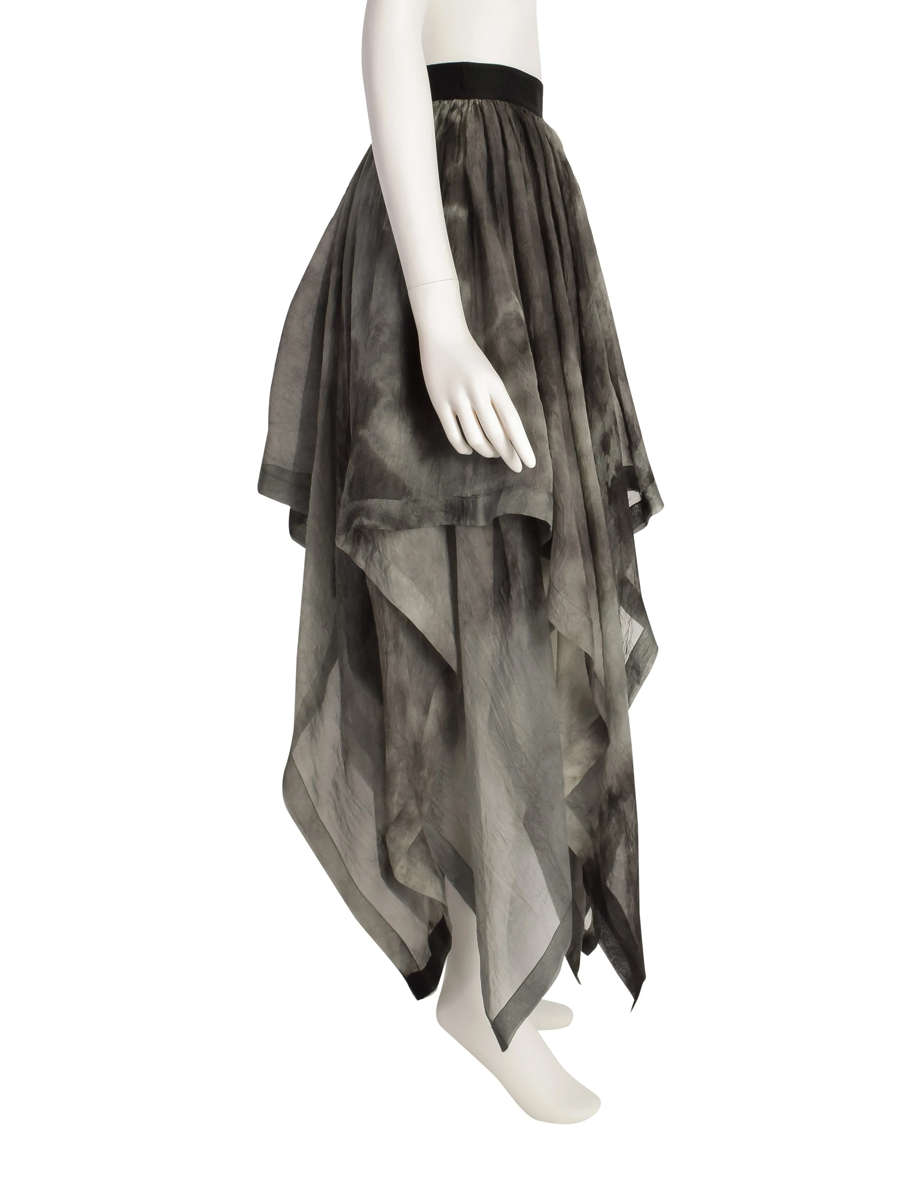 Workers for Freedom Vintage 1990s Grey Black Tie Dye Silk Flowing Scarf Hem Skirt