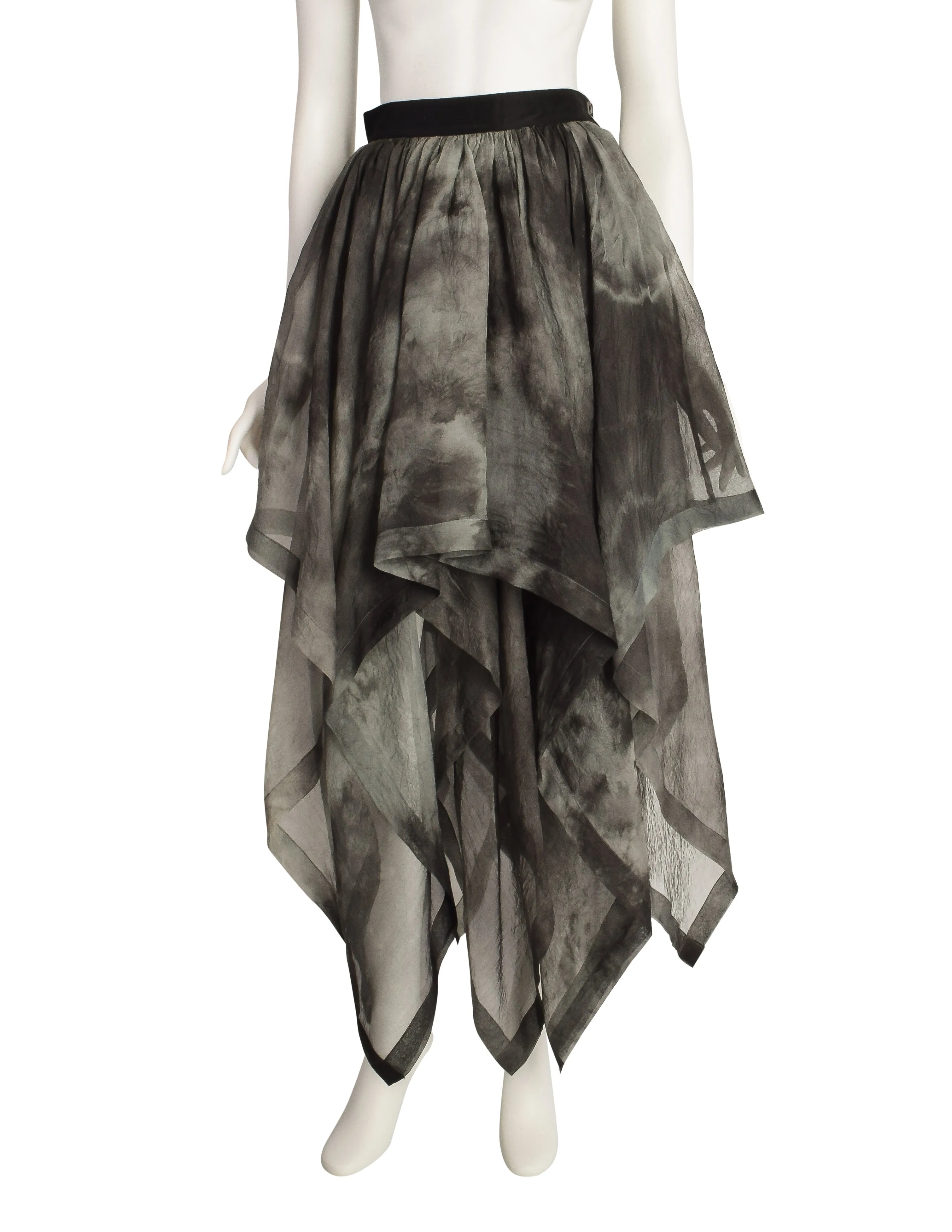 Workers for Freedom Vintage 1990s Grey Black Tie Dye Silk Flowing Scarf Hem Skirt