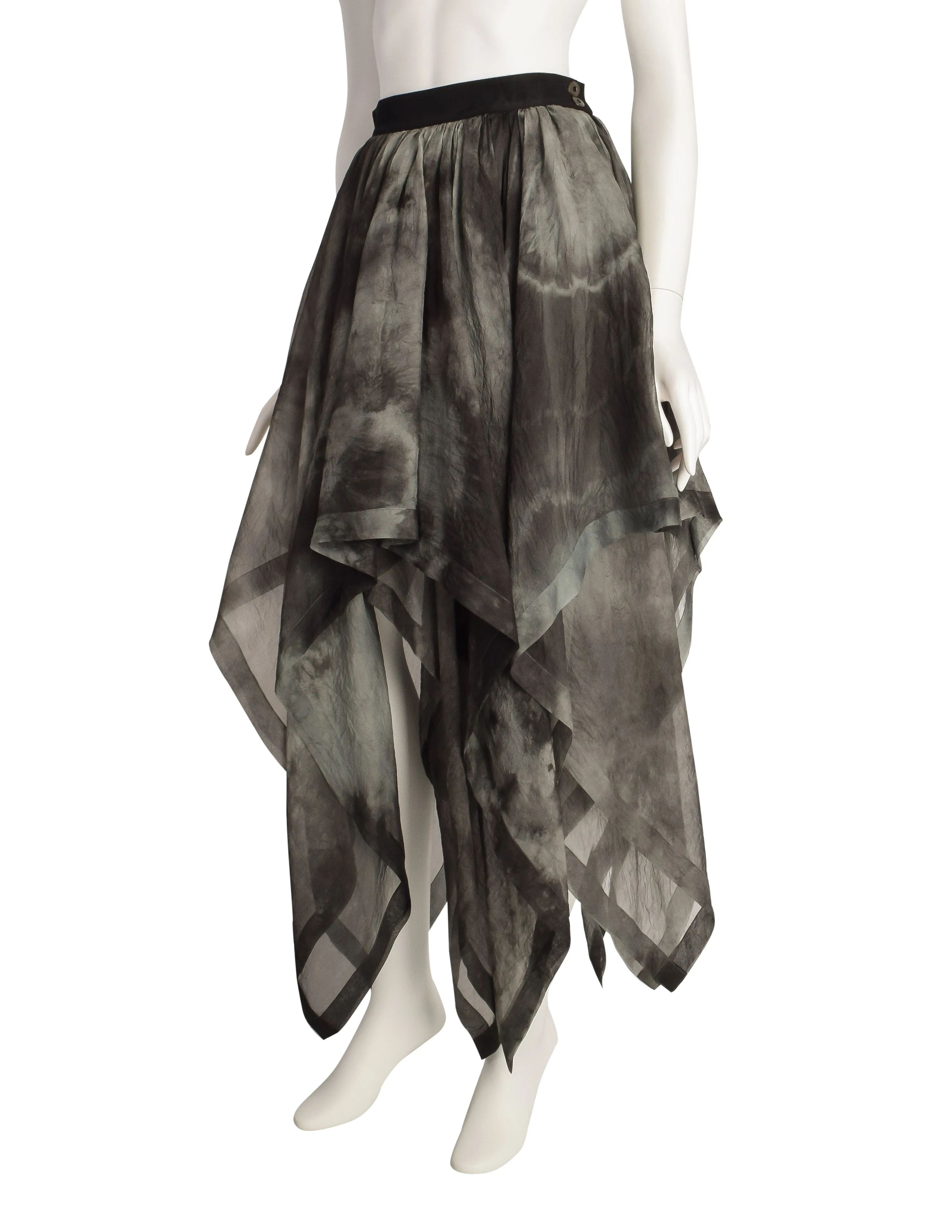 Workers for Freedom Vintage 1990s Grey Black Tie Dye Silk Flowing Scarf Hem Skirt