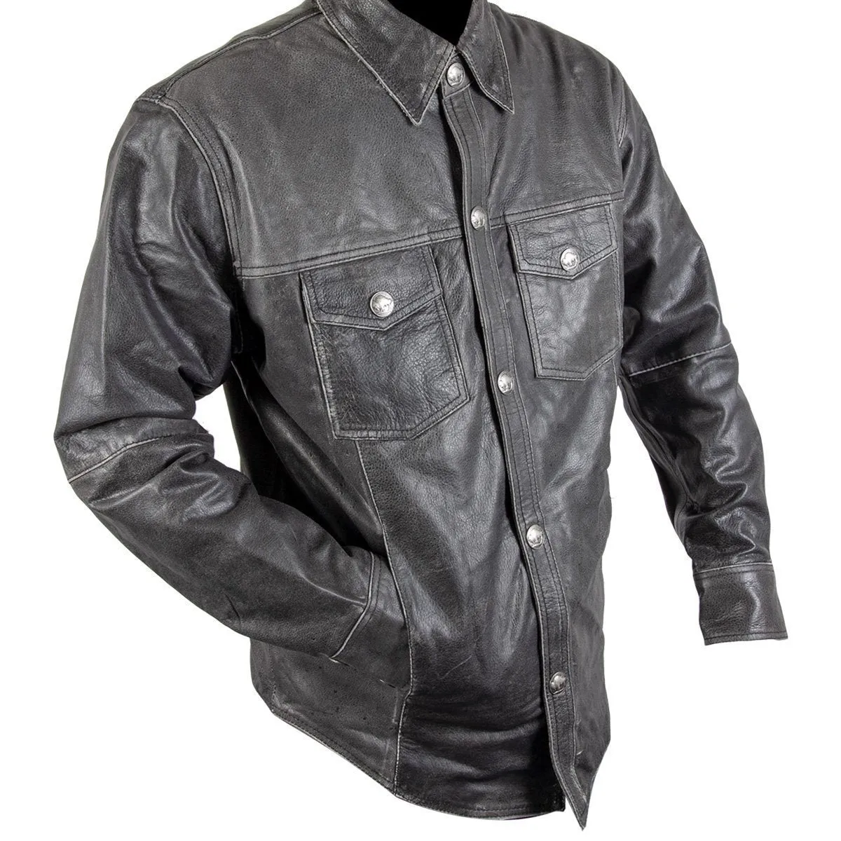 Xelement XS-921O Men's 'Nickel' Distress Gray Leather Shirt with Vintage Buffalo Buttons