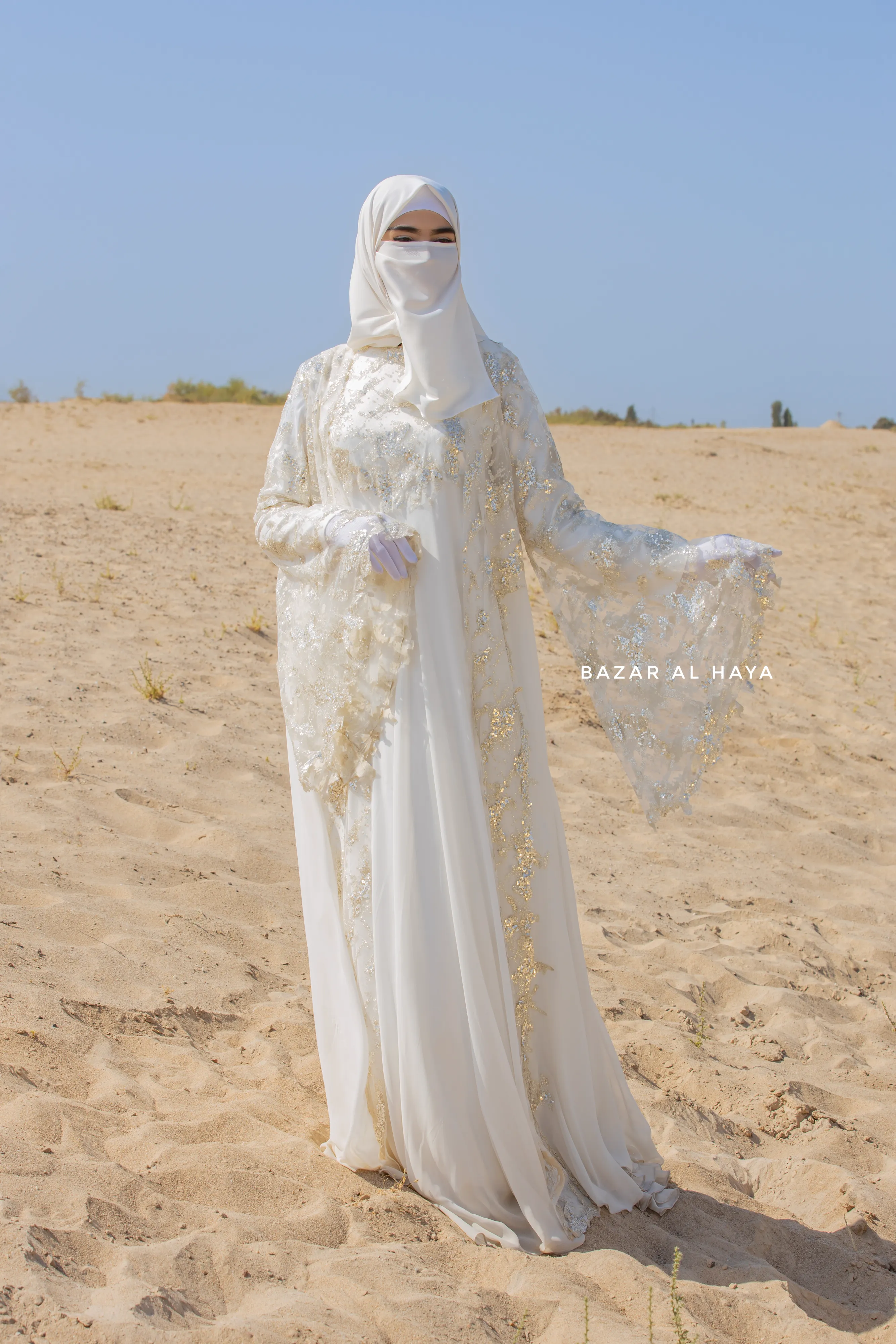 Zahra Bridal Gown Silk & Chiffon Abaya & Lace Cloak Set - Wedding Dress